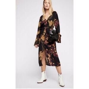 New FREE PEOPLE XL Floral Black Purple Button Tie Front Midi Dress Boho U14